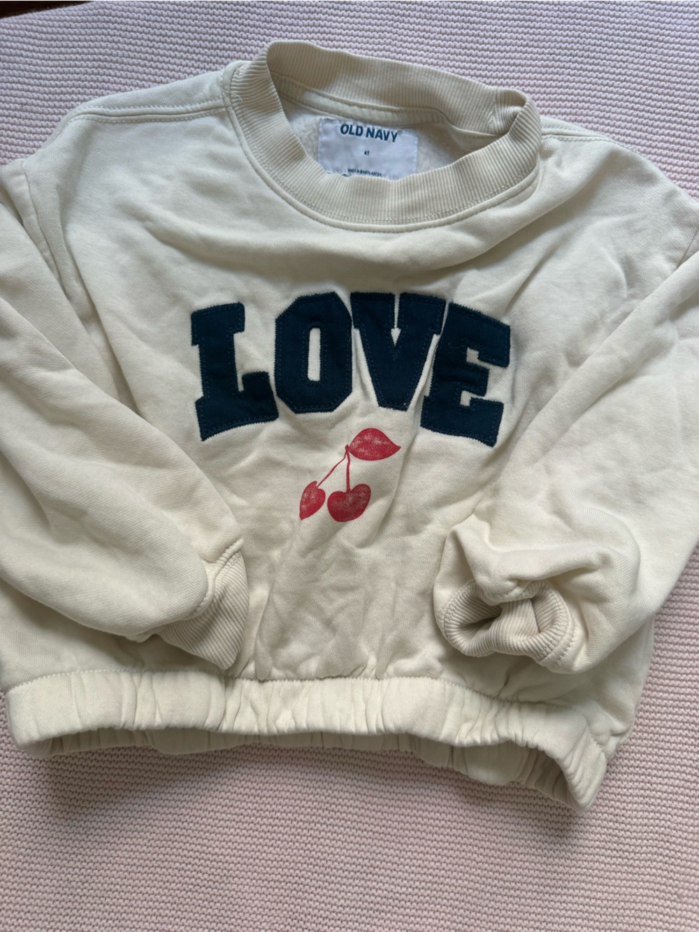 Old Navy Cream Sweatshirt with Navy LOVE and Pink Cherry Graphic
